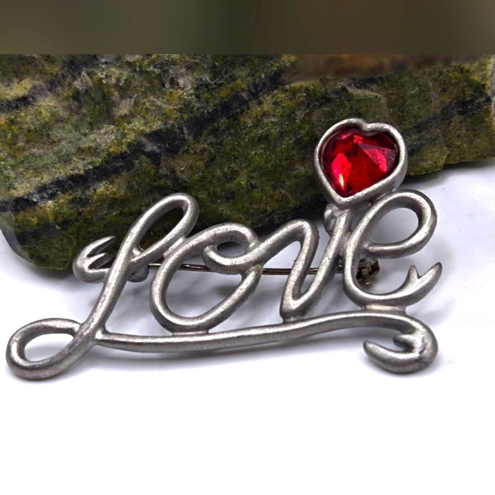 "5/$40" Vintage Pewter Red Rhinestone Retro Script "Love" Brooch Pin